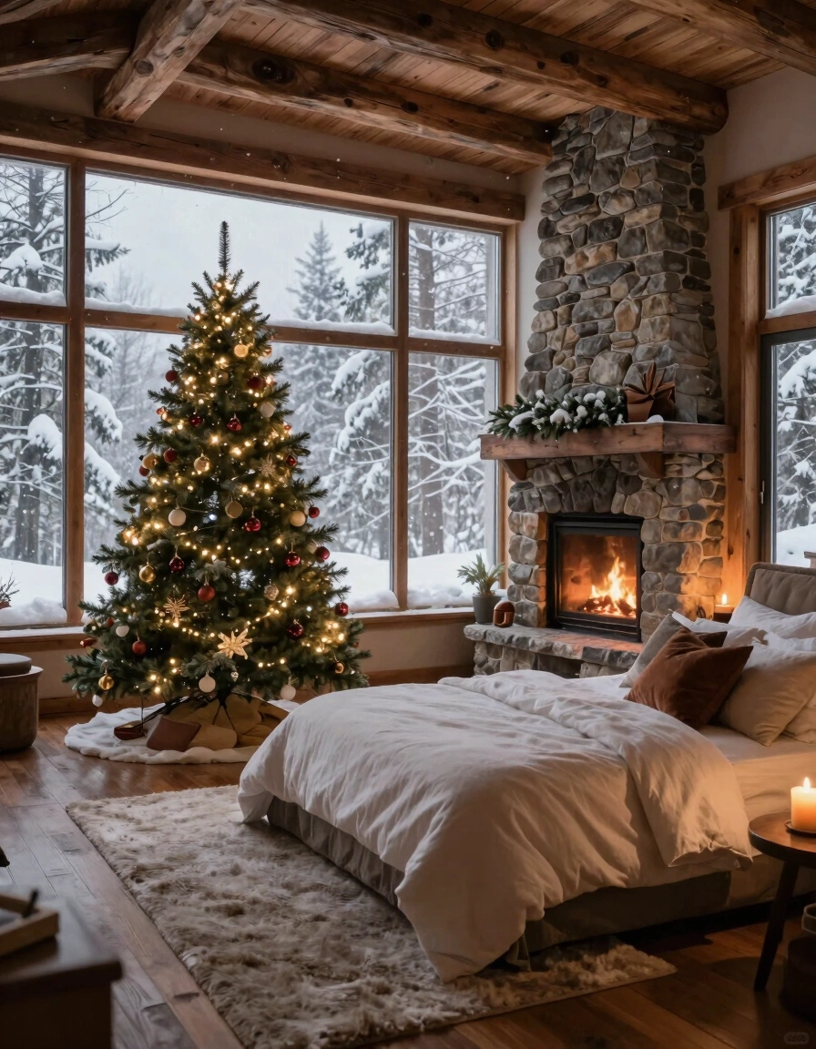 A cozy bedroom with a stone fireplace, Christmas tree, and large windows showing a snowy forest.