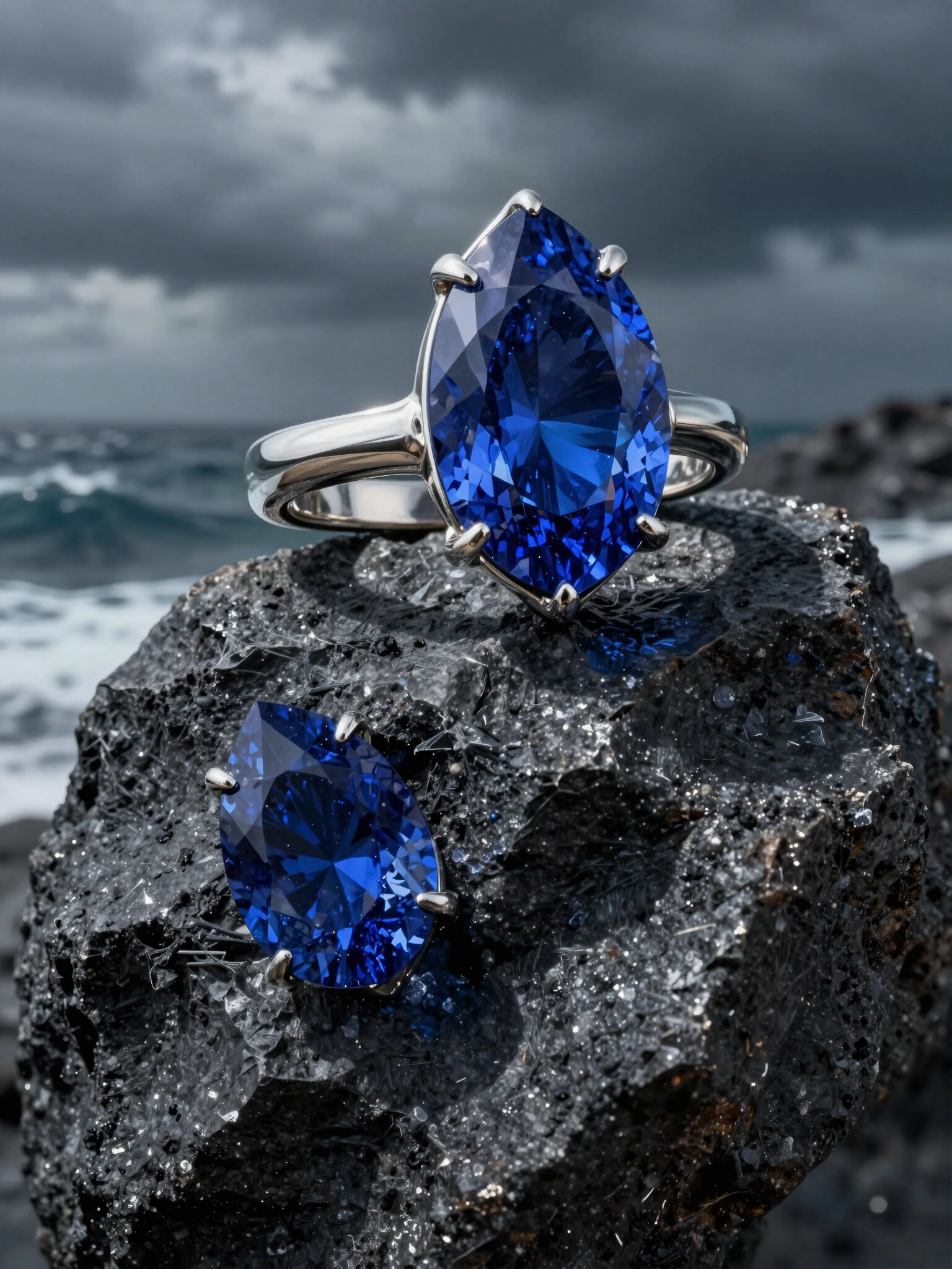Silver ring with pear-cut blue sapphire on a dark rock by the sea