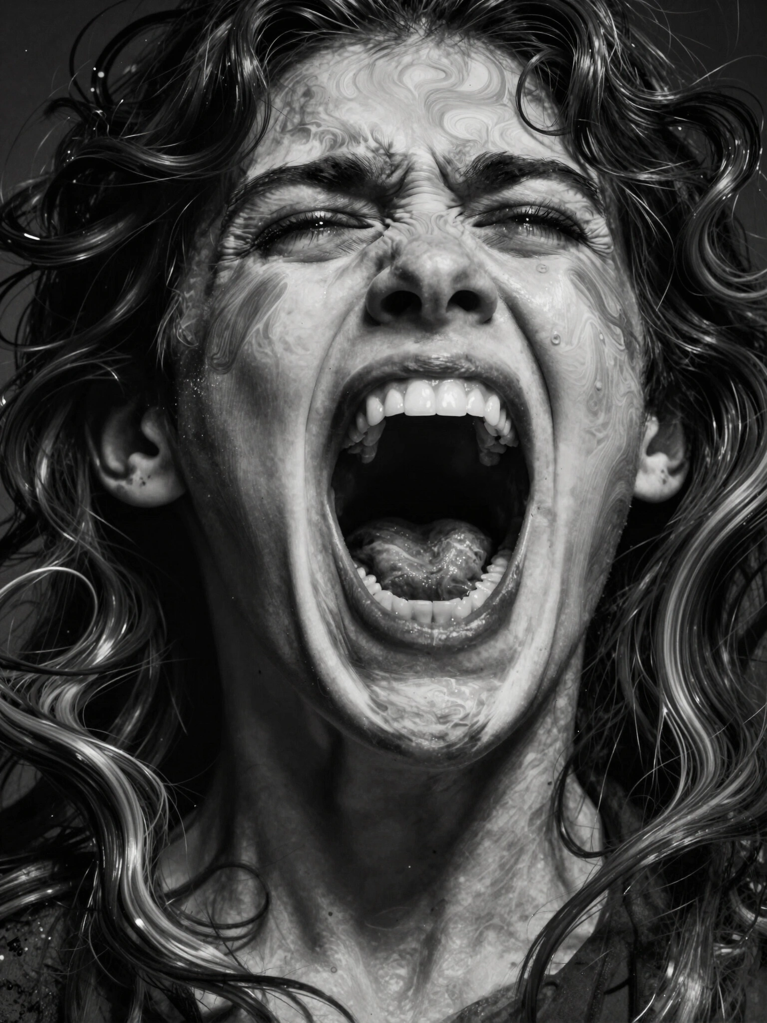 A hyper-realistic image of a face screaming, surrounded by swirling black and white patterns, with detailed textures and realistic lighting, capturing intense emotion and dynamic movement.