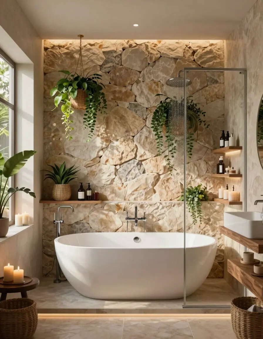 Bathroom interior with freestanding tub, glass-enclosed shower, and lush plants, creating a serene atmosphere.