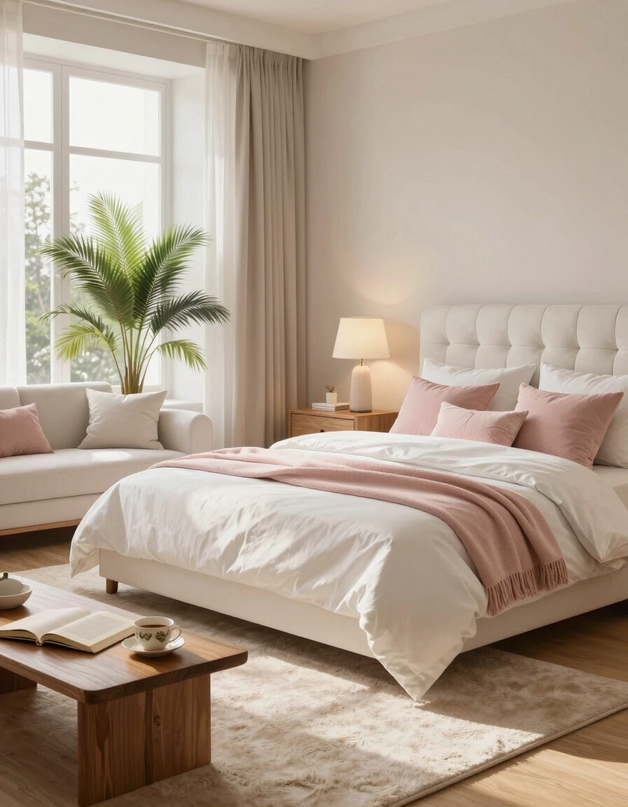 A calming bedroom scene with a white bed, pink throw blanket, and a potted palm tree near a window.