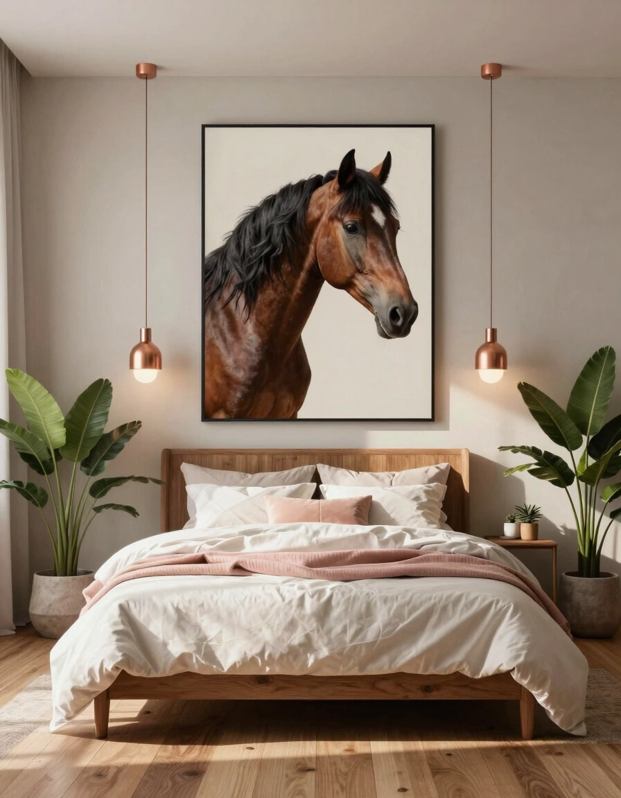 A serene bedroom with a large horse portrait above a wooden bed, copper pendant lights, and potted plants.