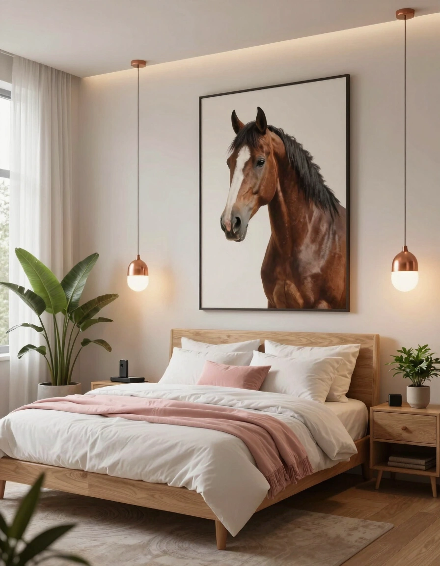 Bedroom with horse portrait, copper lights, and potted plants