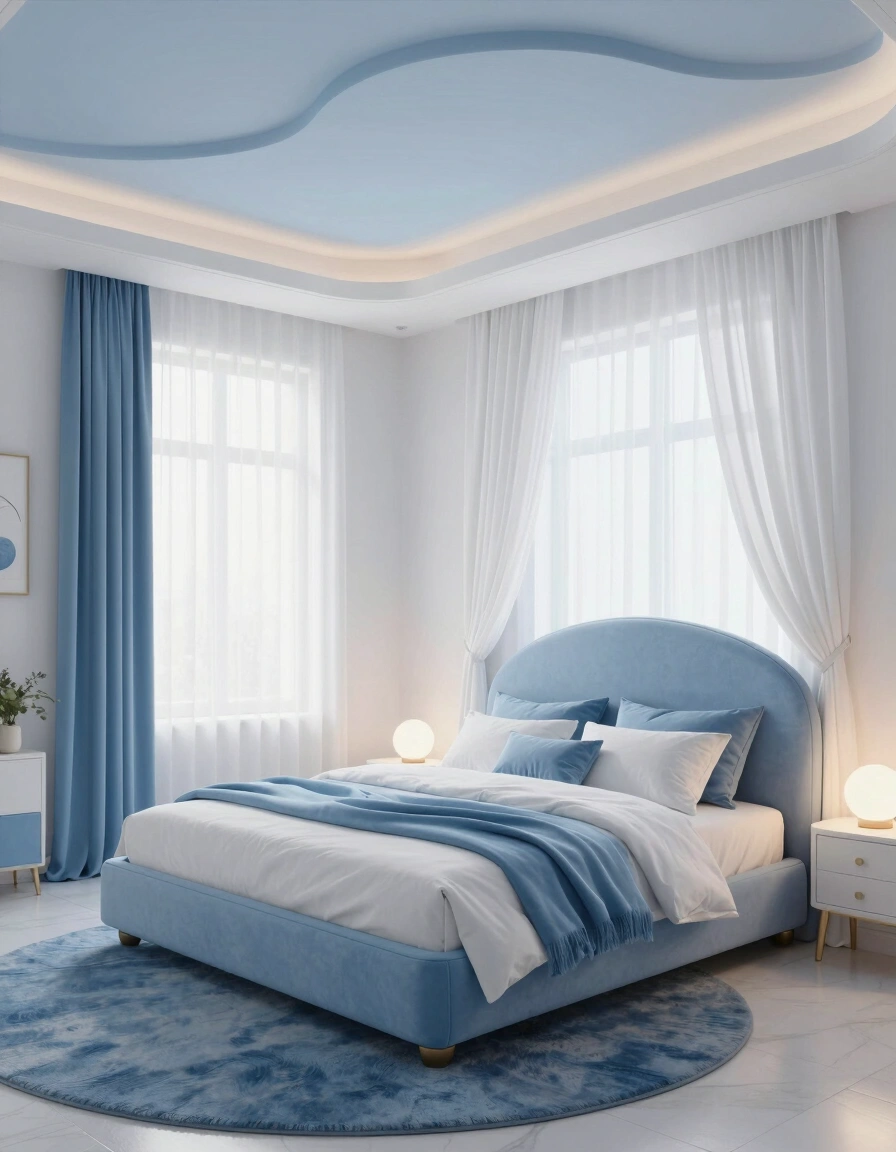 A peaceful bedroom with a blue curved bed and wavy ceiling design, surrounded by white and blue accents.