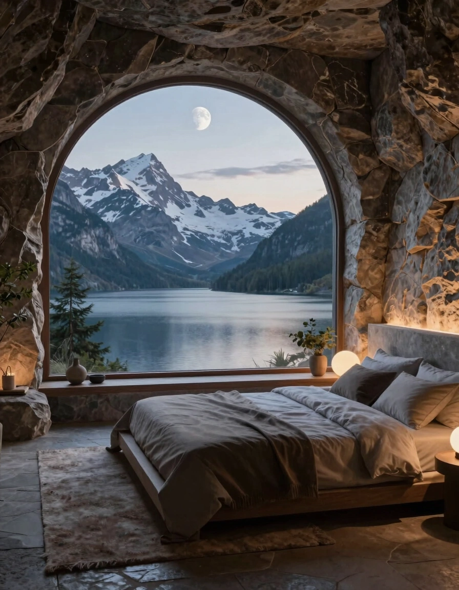 A serene bedroom carved into a rock formation with a large arched window showing snow-capped mountains and a lake.