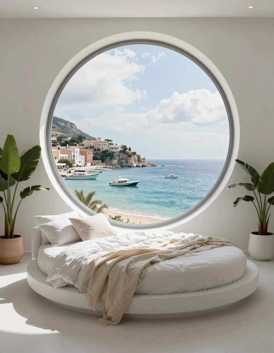 A peaceful bedroom with a large round window showing a beautiful coastal scene, a white circular bed, and potted plants.