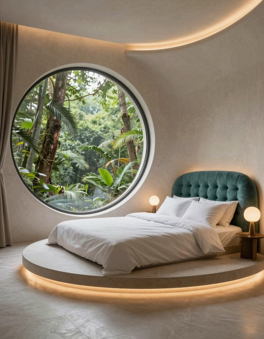 A circular bed on a raised platform in a bedroom with curved walls and large circular windows showing a forest view.