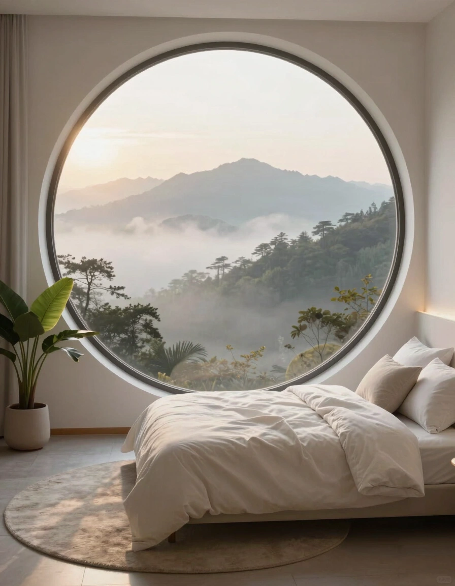 A serene bedroom with a circular window showing a misty mountain landscape.