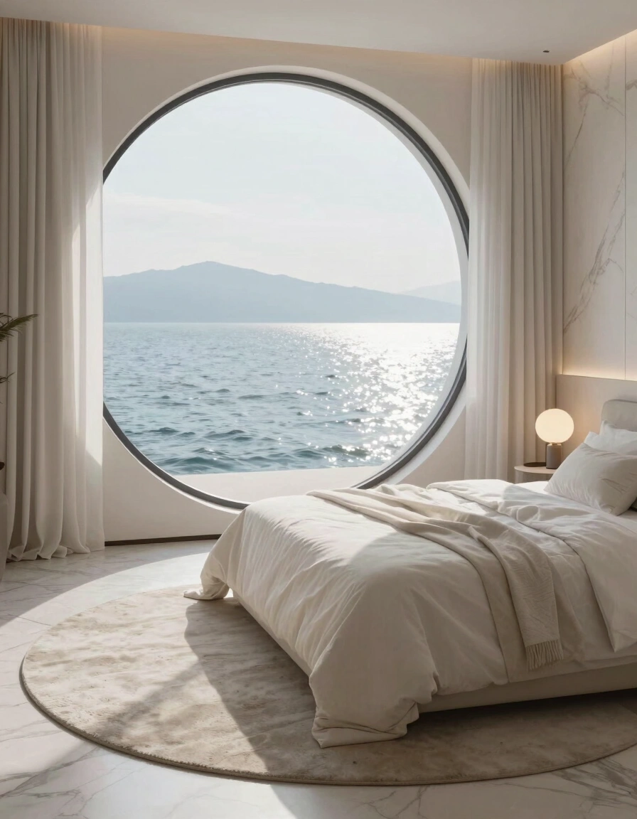 A serene bedroom with a circular window showing a calm sea and mountains, featuring a white bed and marble-like walls.