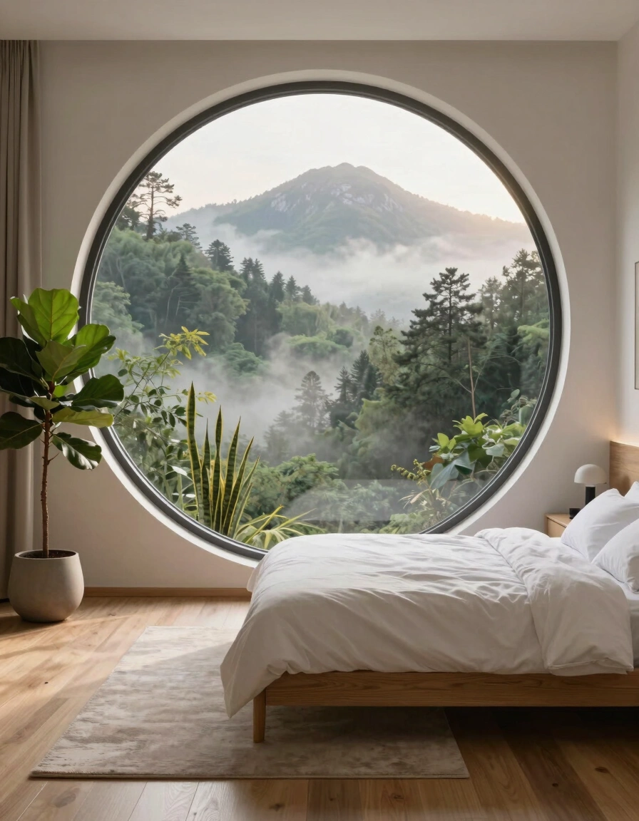 A peaceful bedroom with a circular window showing a misty forest and mountain view, minimalist wooden bed, and white bedding.