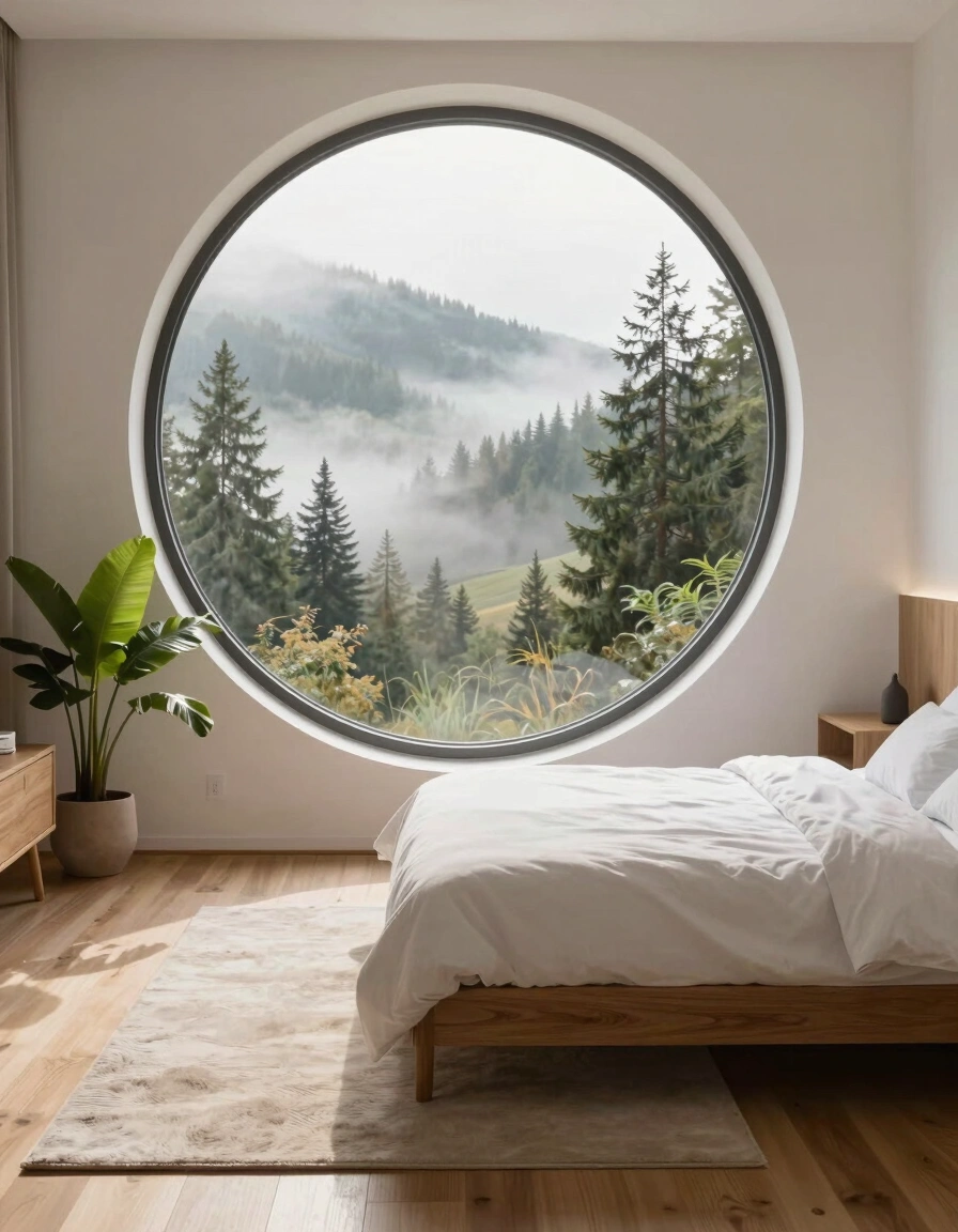 A peaceful bedroom with a large round window showing a misty forest, a wooden bed with white bedding, and a potted plant on a nightstand.
