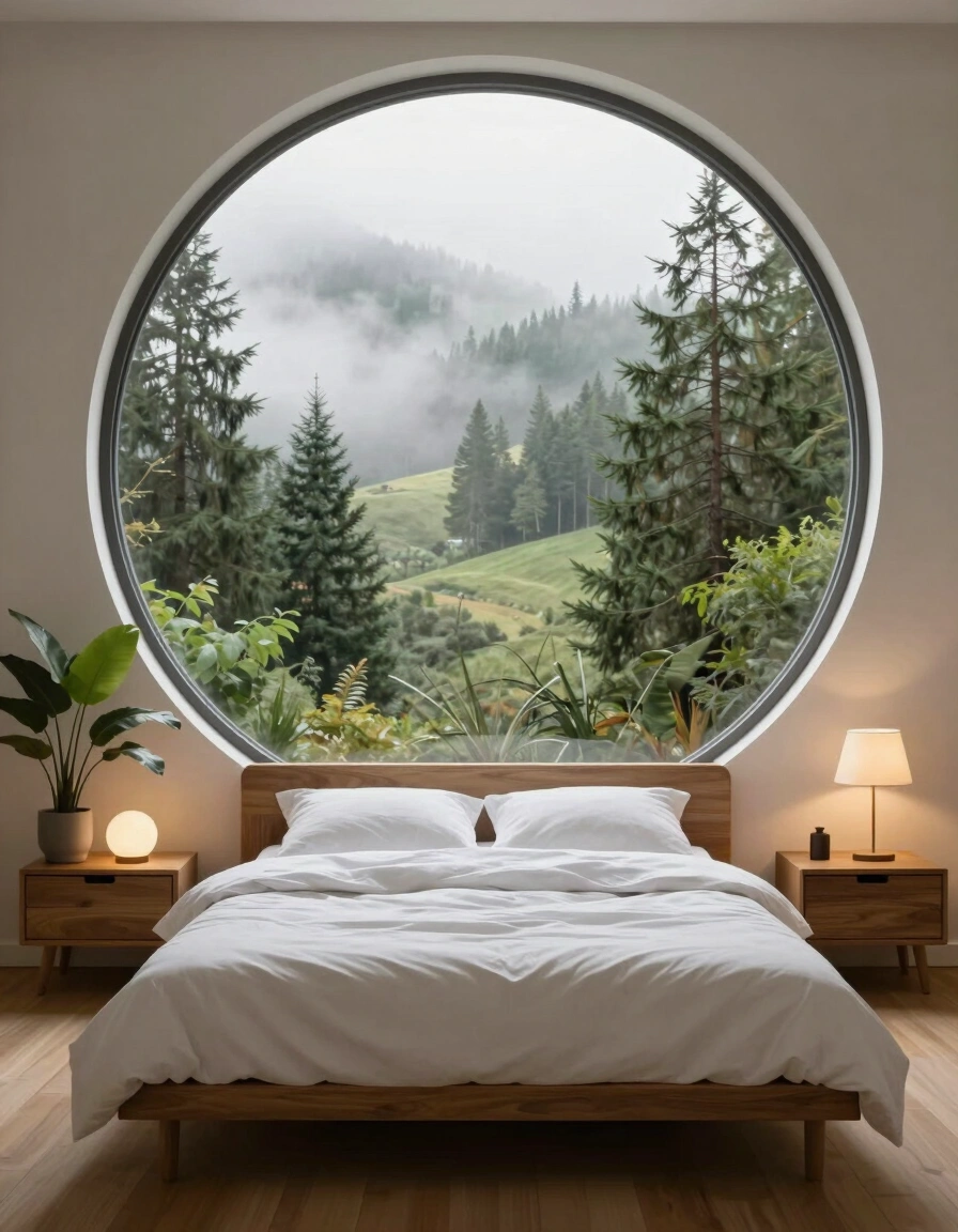 A serene bedroom with a circular window showing a misty forest, a wooden bed, and matching nightstands.