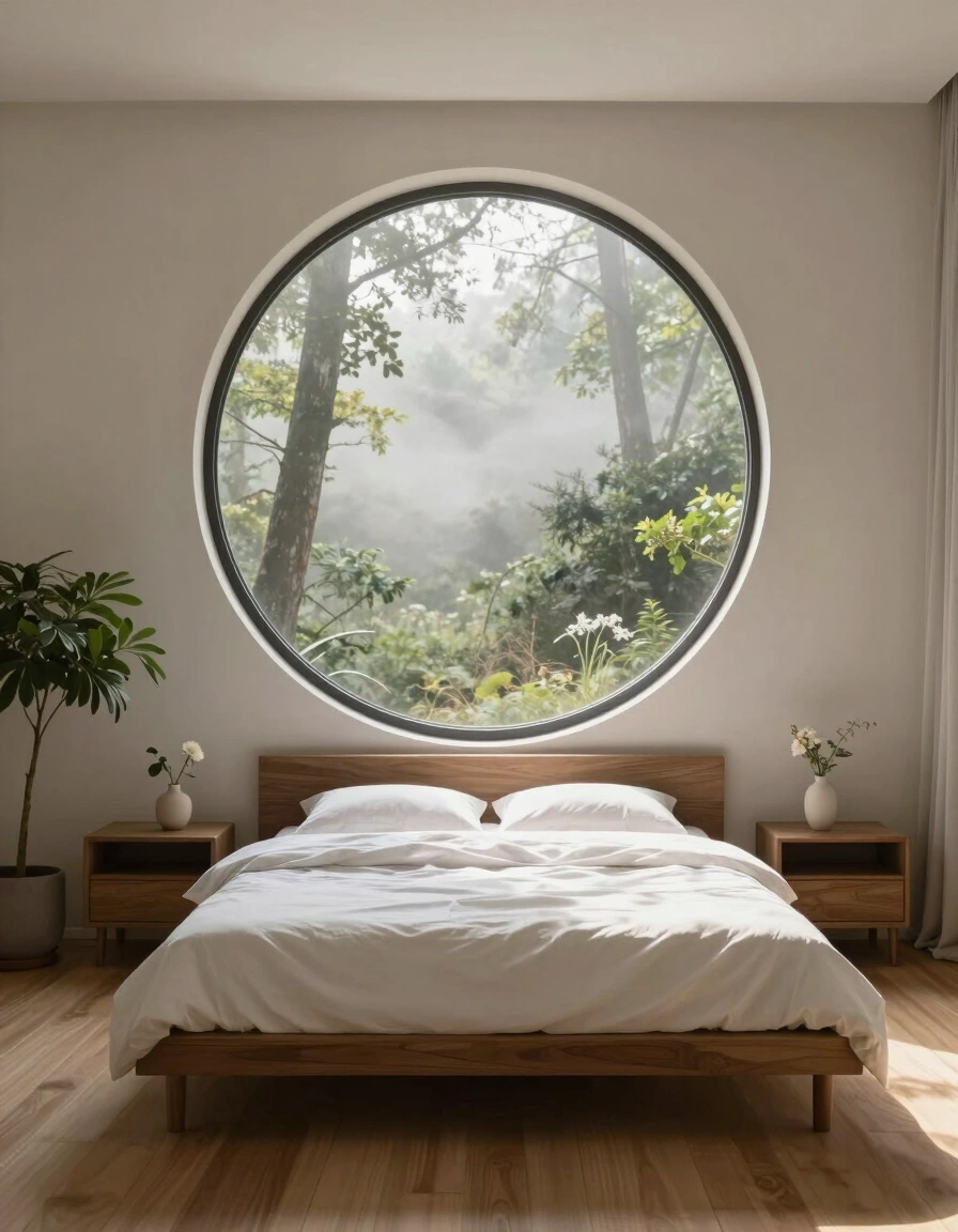 A serene bedroom with a large round window showing a misty forest, a wooden bed with white bedding, and simple nightstands.