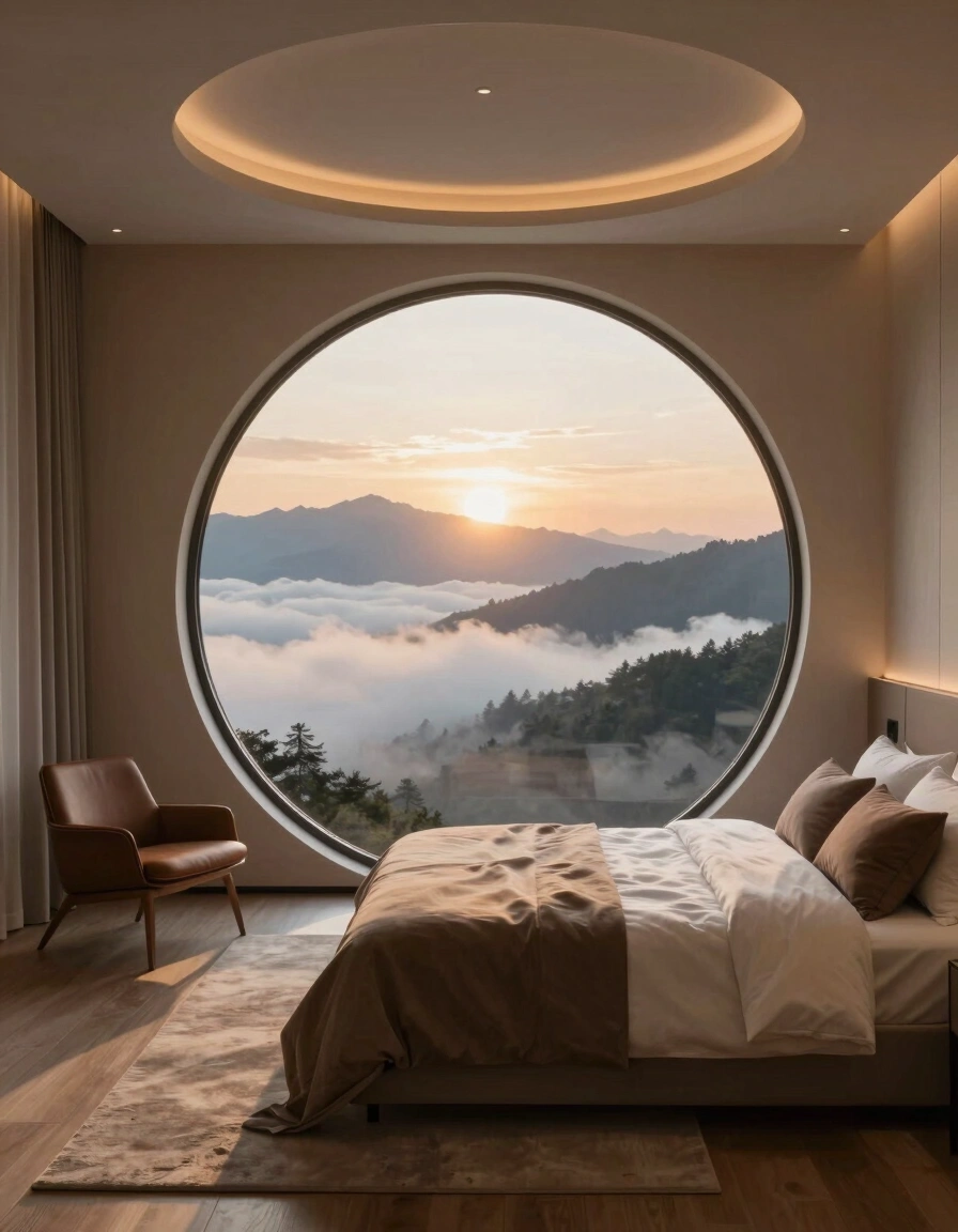 A serene bedroom with a circular window showing a sunrise above clouds, featuring a minimalist bed and brown leather chair.