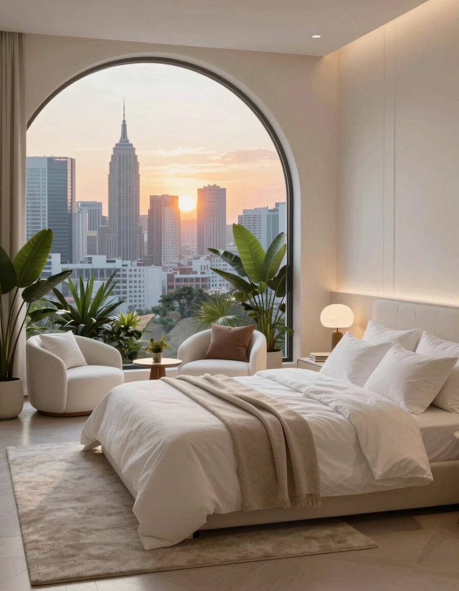 A serene bedroom with a large arched window, white decor, and a stunning city view at sunset.