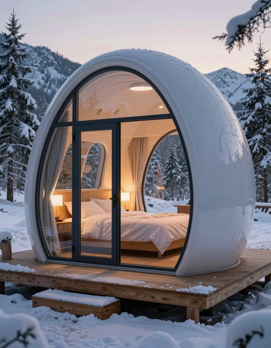 A modern egg-shaped bedroom pod on a wooden deck in a snowy mountainous landscape at dusk, with a cozy interior and panoramic views.