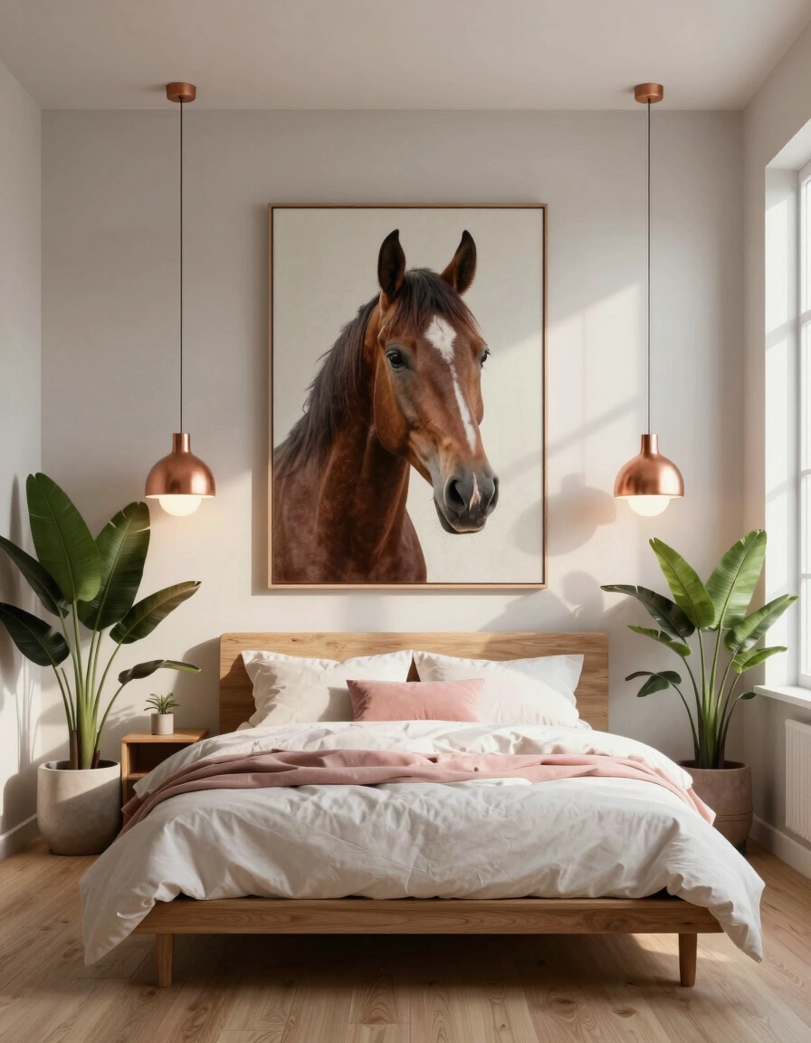 Bedroom interior with horse portrait, wooden bed, potted plants, and copper pendant lights