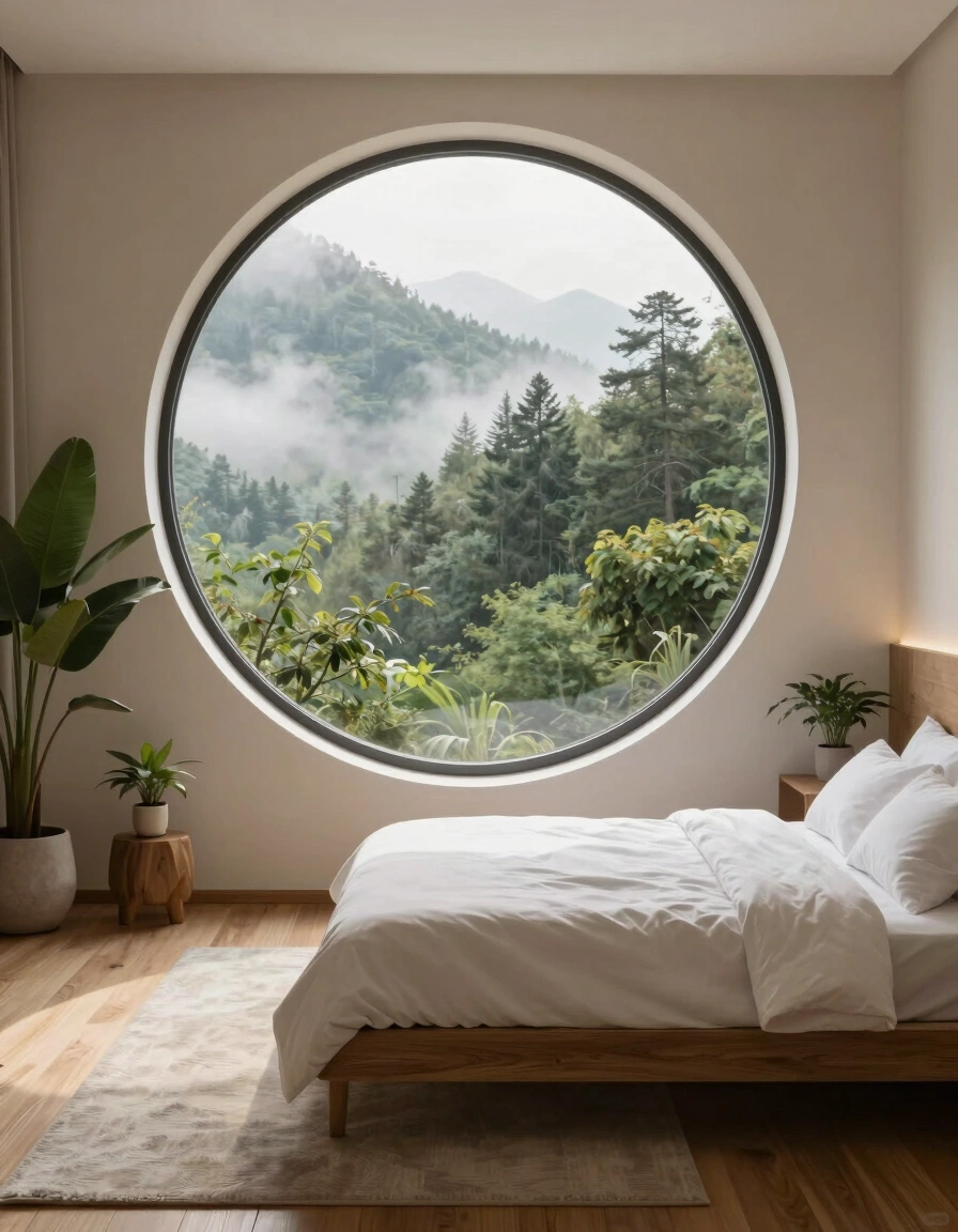 A serene bedroom with a large circular window showing a misty forest and mountains, featuring a minimalist wooden bed and small nightstands with plants.