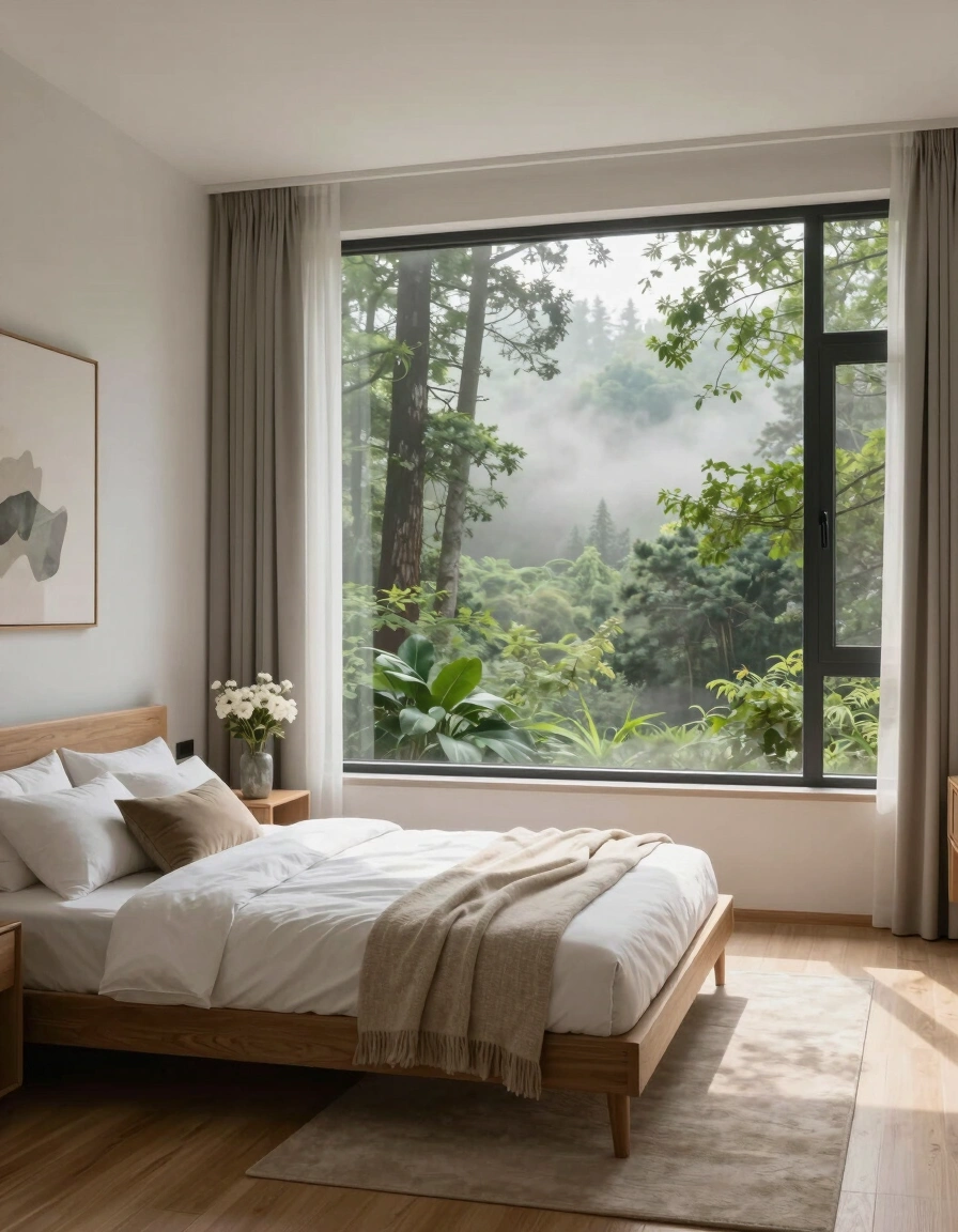 A minimalist bedroom with a wooden bed and a large window showing a misty forest.