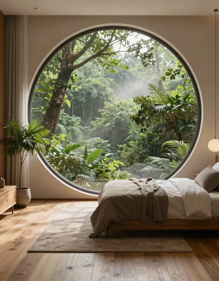 A serene bedroom with a circular window offering a view of a misty forest, complemented by natural wood elements and simple decor.