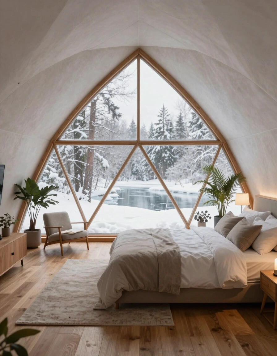 A peaceful bedroom inside a geodesic dome with a large window showing a snowy forest and frozen lake.