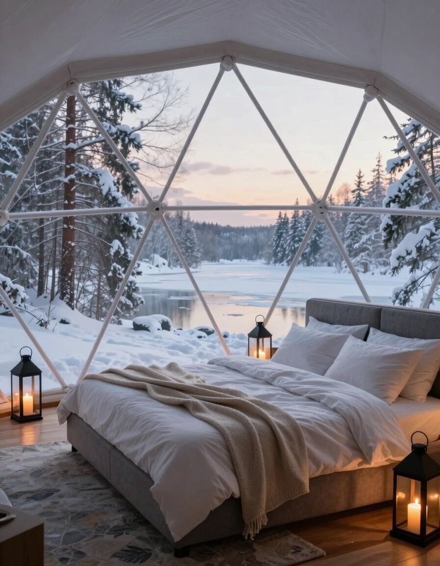 A peaceful bedroom inside a geodesic dome with a gray bed, white pillows, and beige throw blanket, surrounded by a snowy forest and frozen lake.