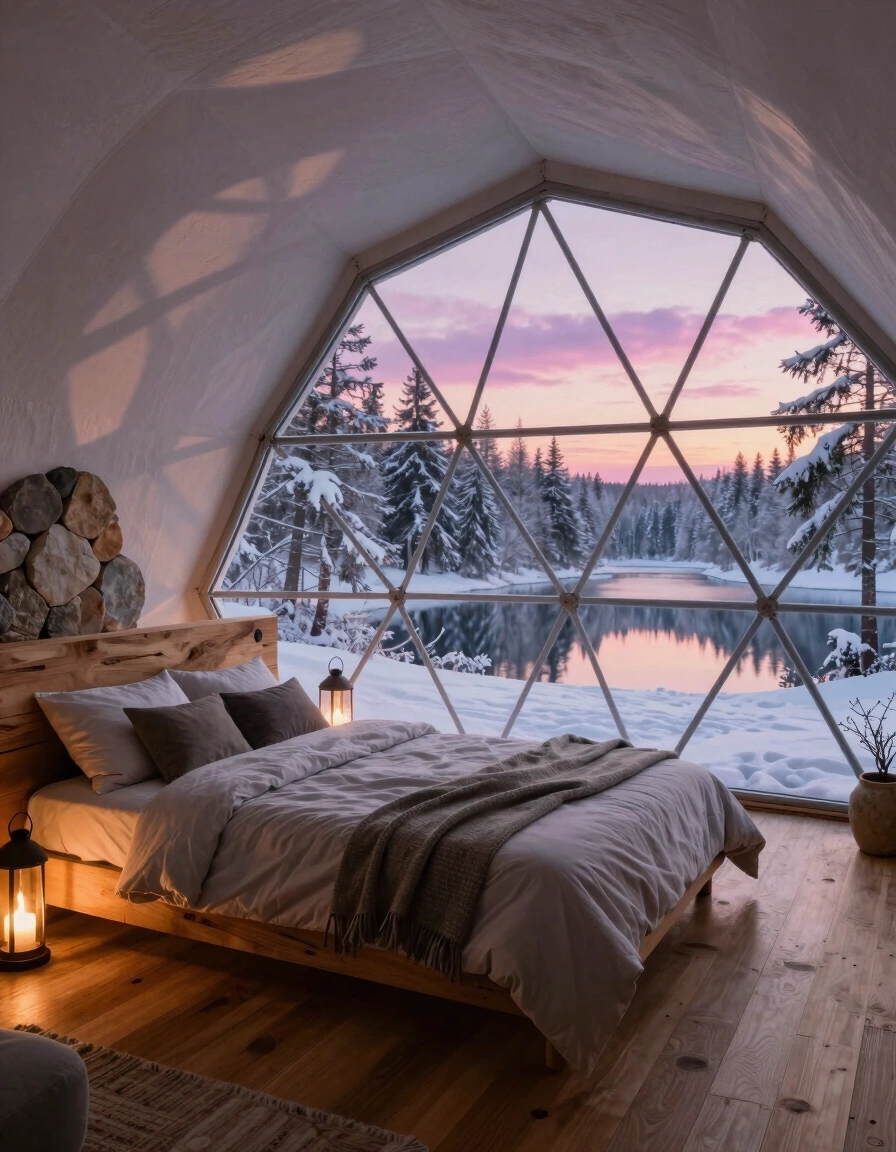 A geodesic dome bedroom with a large window showing a snowy forest and lake at sunset, featuring a wooden bed with grey bedding and warm bedside lamps.