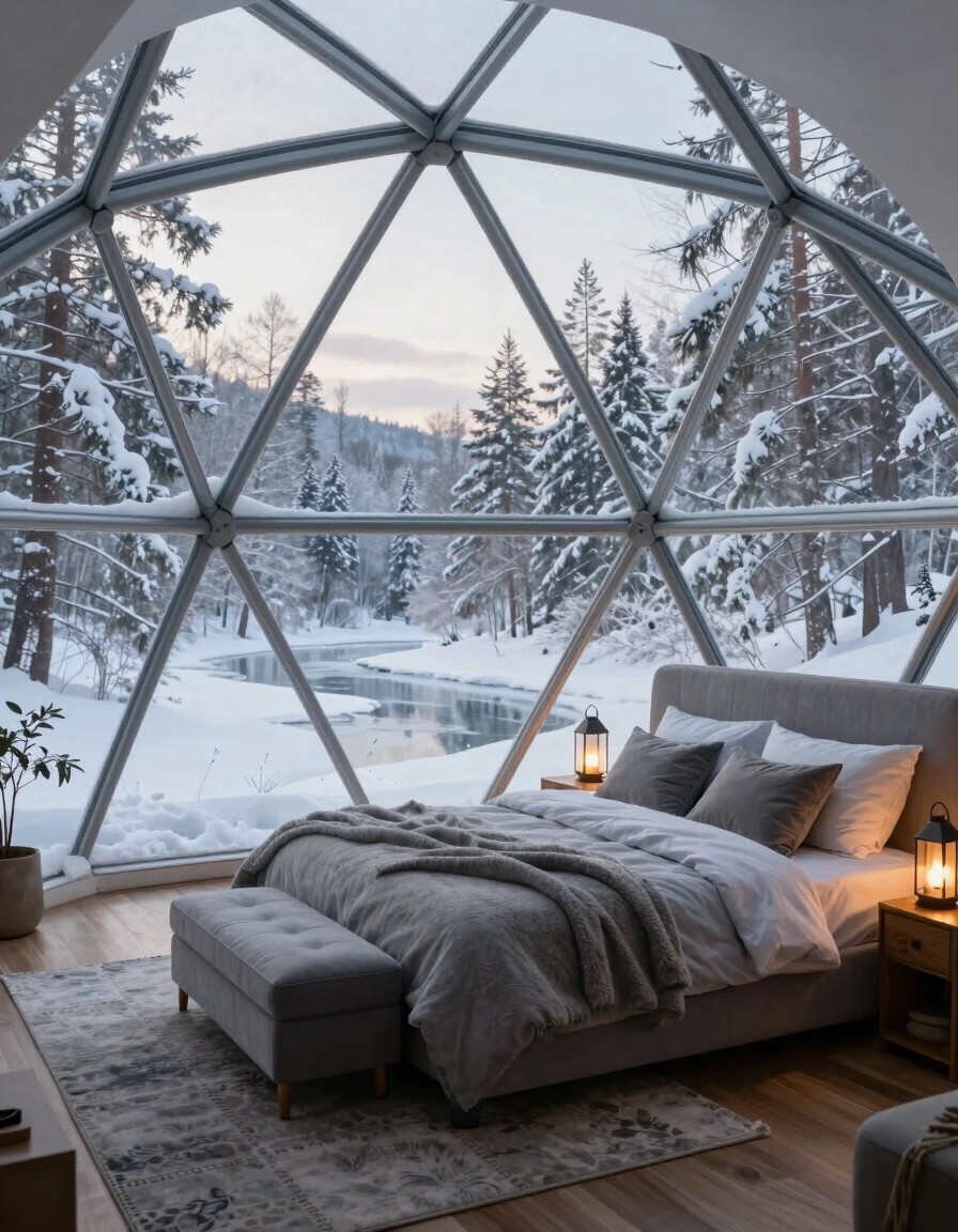 A cozy bedroom inside a geodesic dome, surrounded by a snowy forest and frozen lake, with a large gray bed and warm lighting.