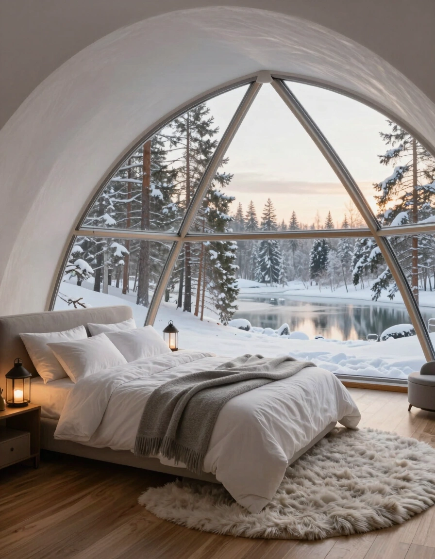 Cozy bedroom interior with geodesic dome ceiling, large triangular windows, and serene winter landscape view.