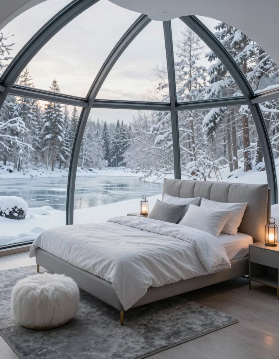 A peaceful bedroom with a geodesic dome roof, showcasing a snowy forest and lake view.
