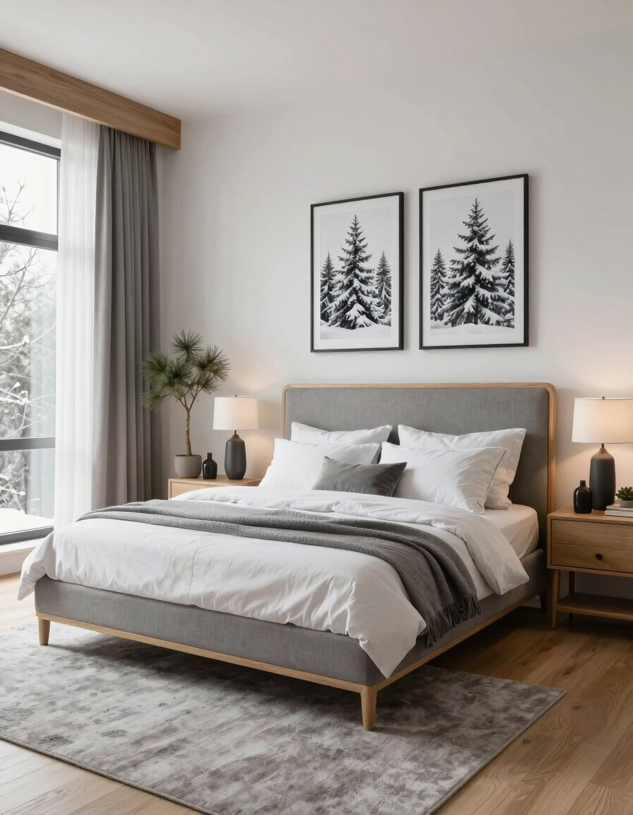 A serene bedroom with a gray bed, white and gray bedding, and two nightstands with lamps, set against a white wall with two black and white framed pictures and flanked by two potted pine trees.