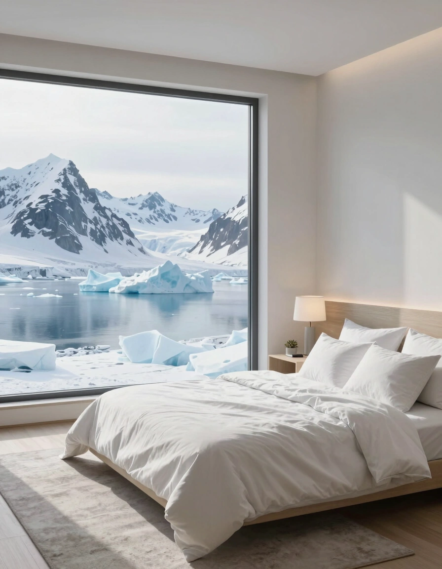 A serene bedroom with a large window overlooking a stunning icy landscape, featuring a minimalist design and a plush bed with white linens.