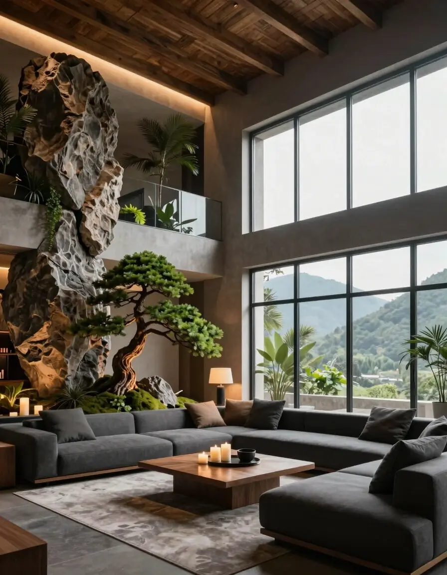 A modern living room with a large rock formation, bonsai tree, and industrial-style windows, blending natural elements with minimalist decor.