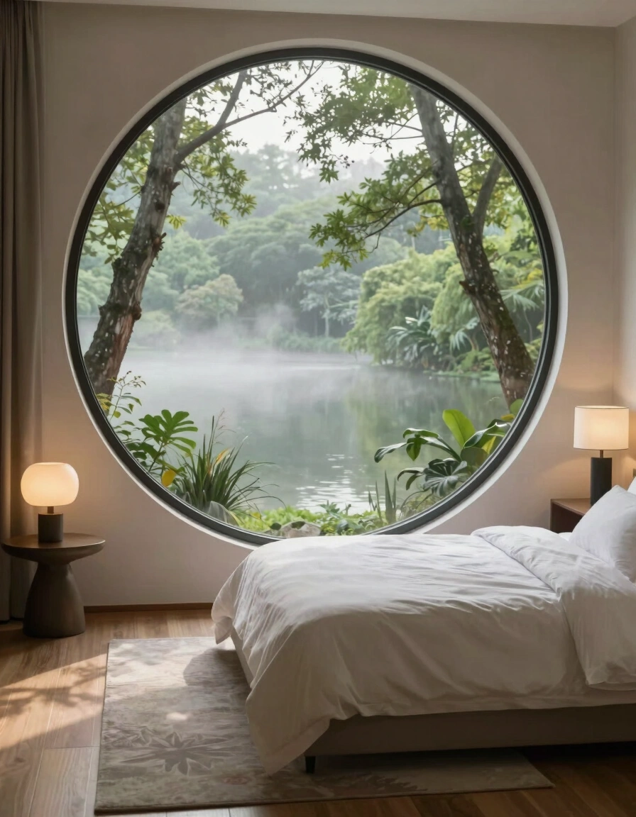 A calming bedroom scene with a large circular window showcasing a serene lake landscape, accompanied by a cozy bed and subtle decor.