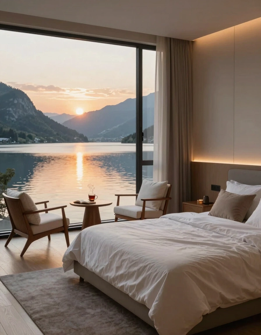 A serene bedroom with a large window showing a lake and mountains at sunset, furnished with a minimalist bed and wooden chairs.