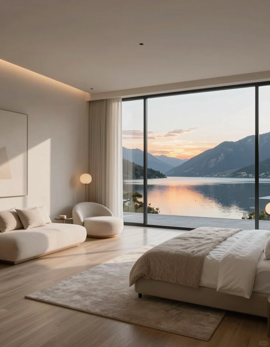 Modern bedroom with large window, white and beige decor, plush bedding, and seating area, overlooking a lake and mountains at sunset.