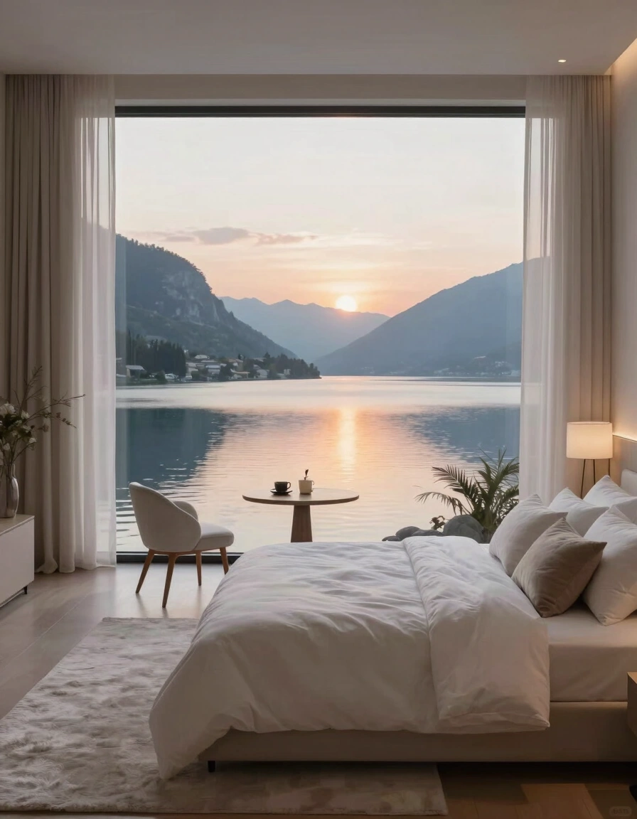 A serene bedroom with a large window showing a lake and mountains at sunset.