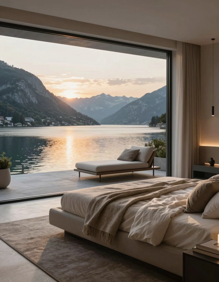 A modern bedroom with a large window showing a lake and mountains at sunset, featuring a beige bed and chaise lounge.