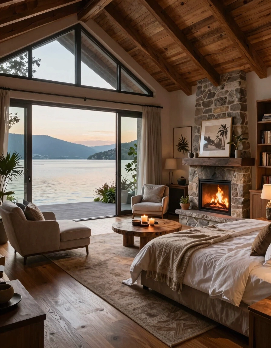 A cozy lakeside bedroom with a stone fireplace, vaulted wooden ceiling, and large glass doors offering a stunning lake view at sunset.
