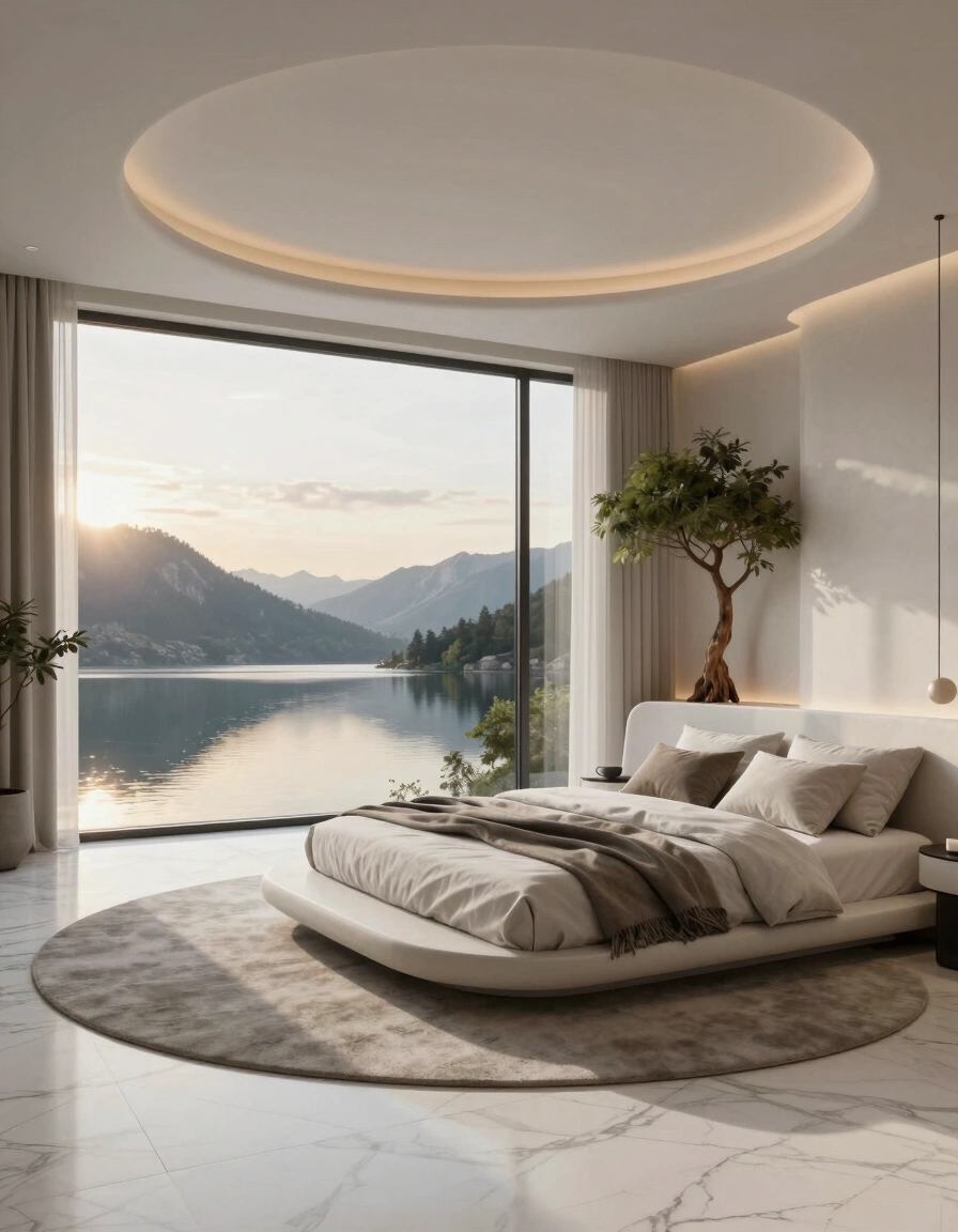 A modern bedroom with a round white bed and large windows showing a lake and mountains.