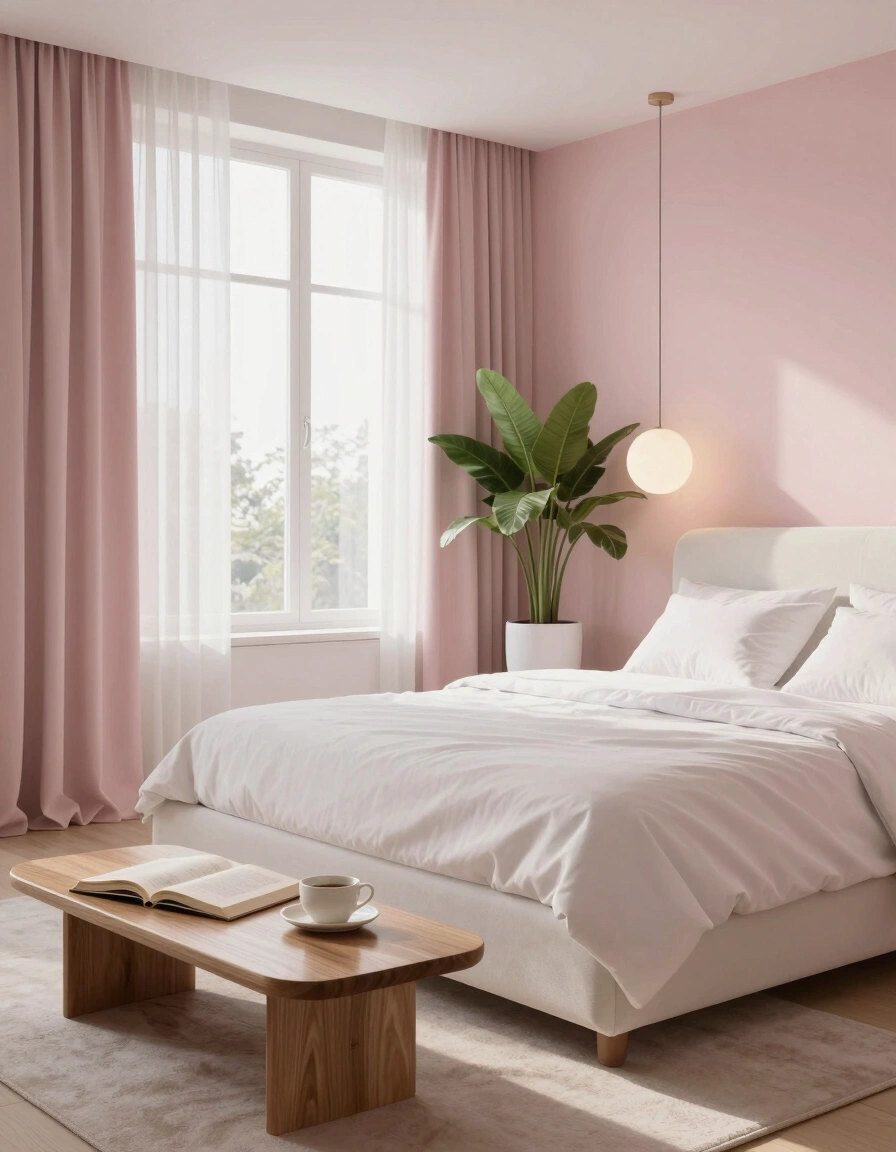 A peaceful bedroom with a white bed, wooden coffee table, and a large window with sheer curtains, set against a soft pink wall.