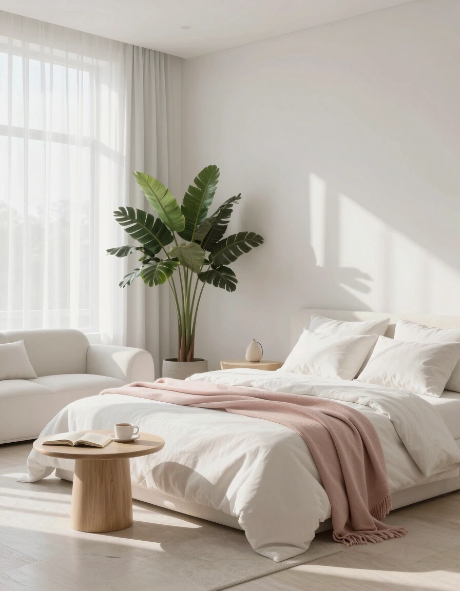 A peaceful bedroom scene featuring a white bed with pink throw blanket, white couch, wooden coffee table, and a large green plant near the window.