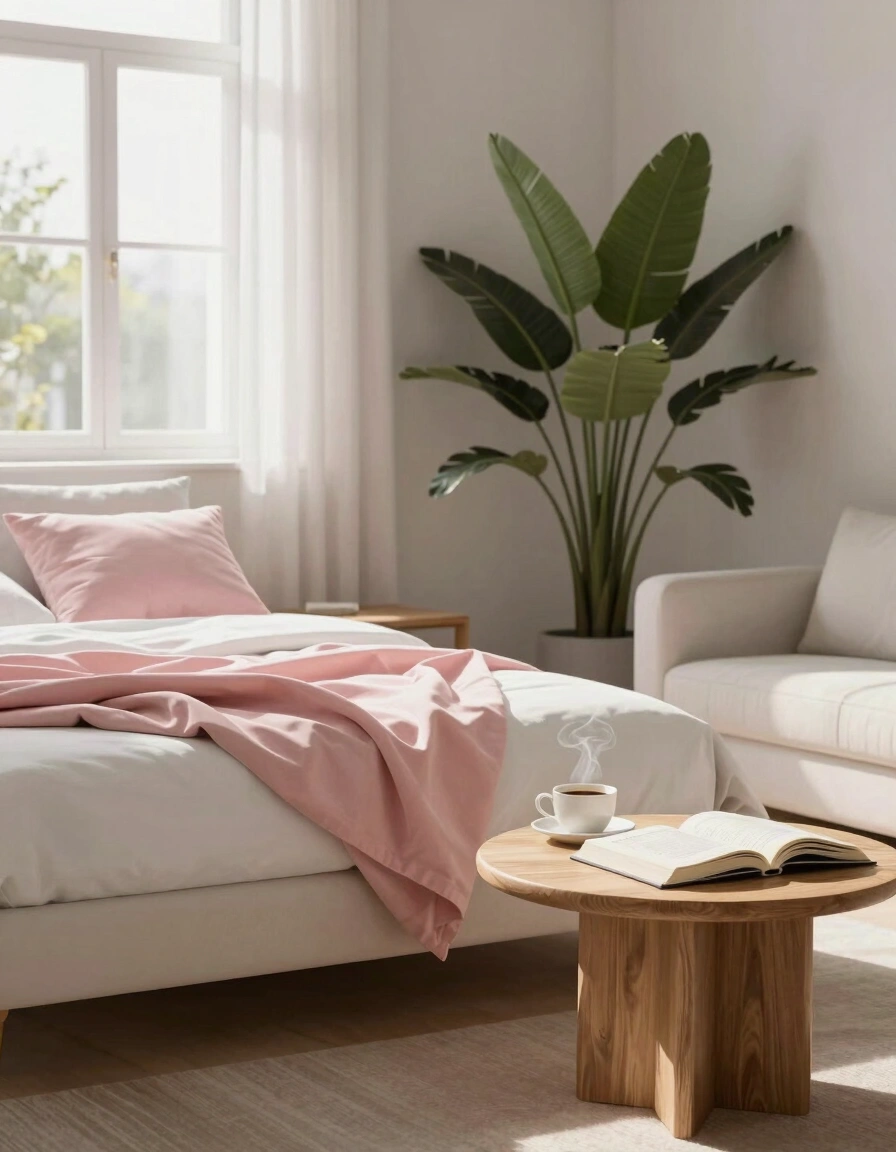 A serene bedroom with a white bed, pink bedding, wooden coffee table, and large plant, illuminated by natural light through sheer curtains.