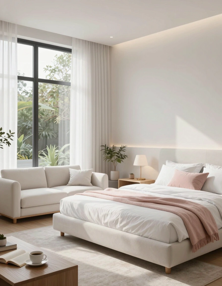 A peaceful bedroom with a white bed, pink accents, and a large window overlooking greenery.