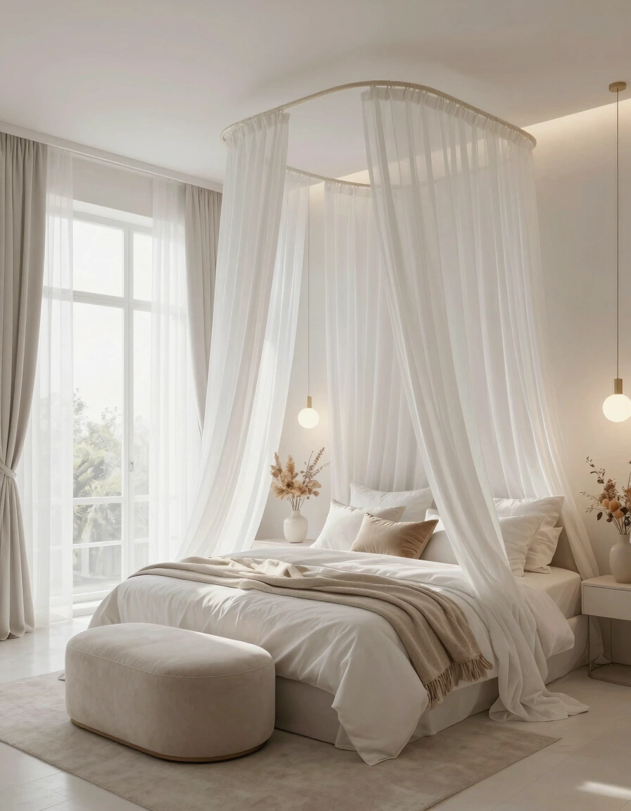 A peaceful bedroom with a canopy bed, white curtains, and a round ottoman, bathed in natural light and featuring a vase with dried flowers.