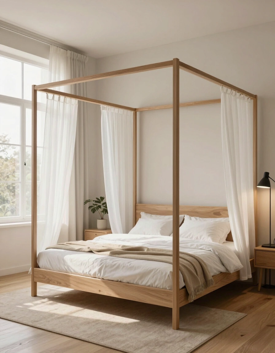 A minimalist bedroom with a wooden four-poster bed, white curtains, and a beige rug, bathed in natural light.