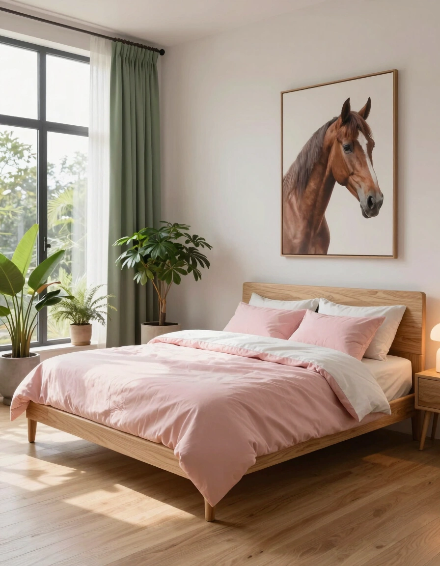 A minimalist bedroom with a wooden bed, pink bedding, and a large horse portrait above it, surrounded by potted plants and natural light.