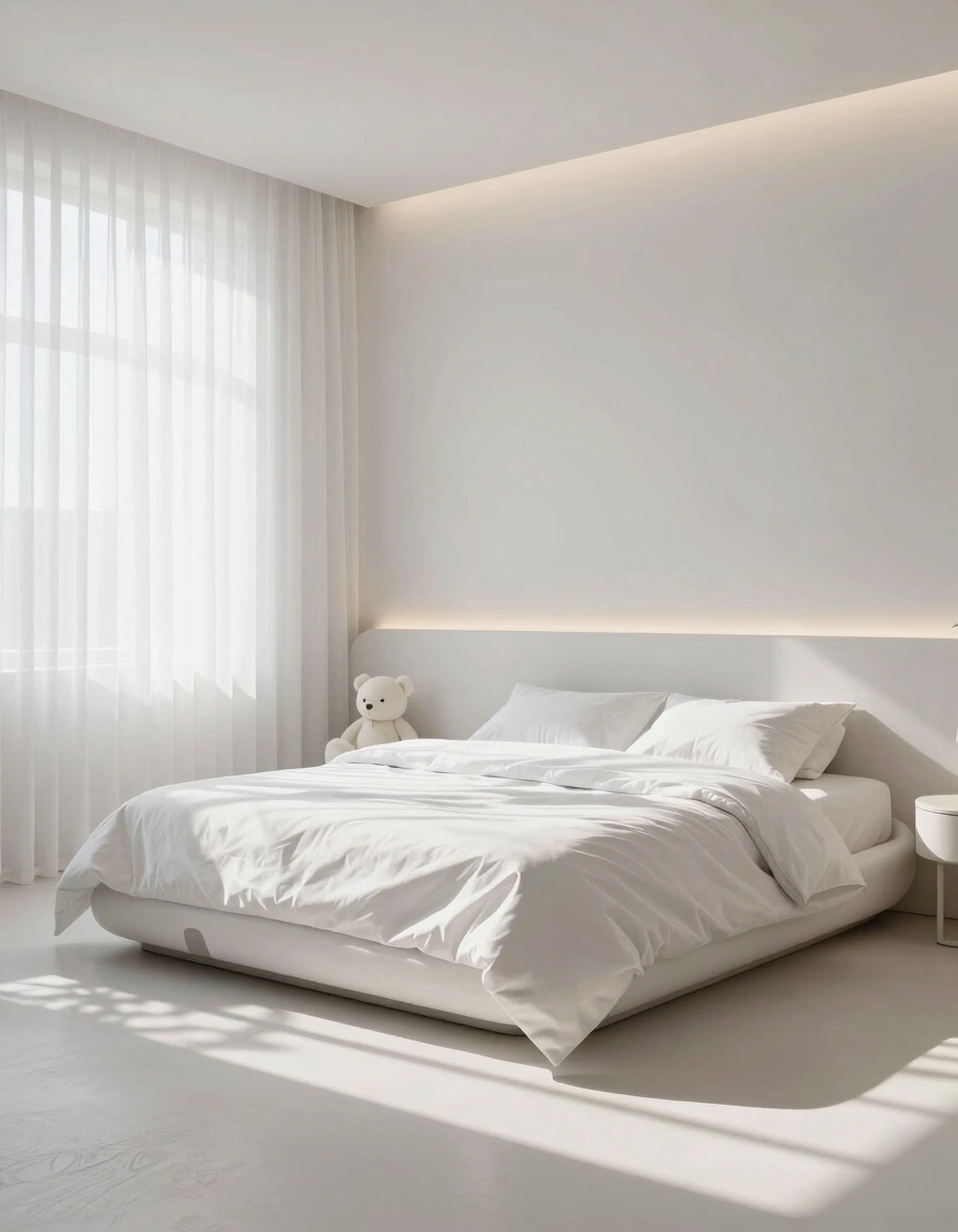 A minimalist bedroom with a futuristic bed design, white linens, and a teddy bear, illuminated by natural light filtering through sheer curtains.