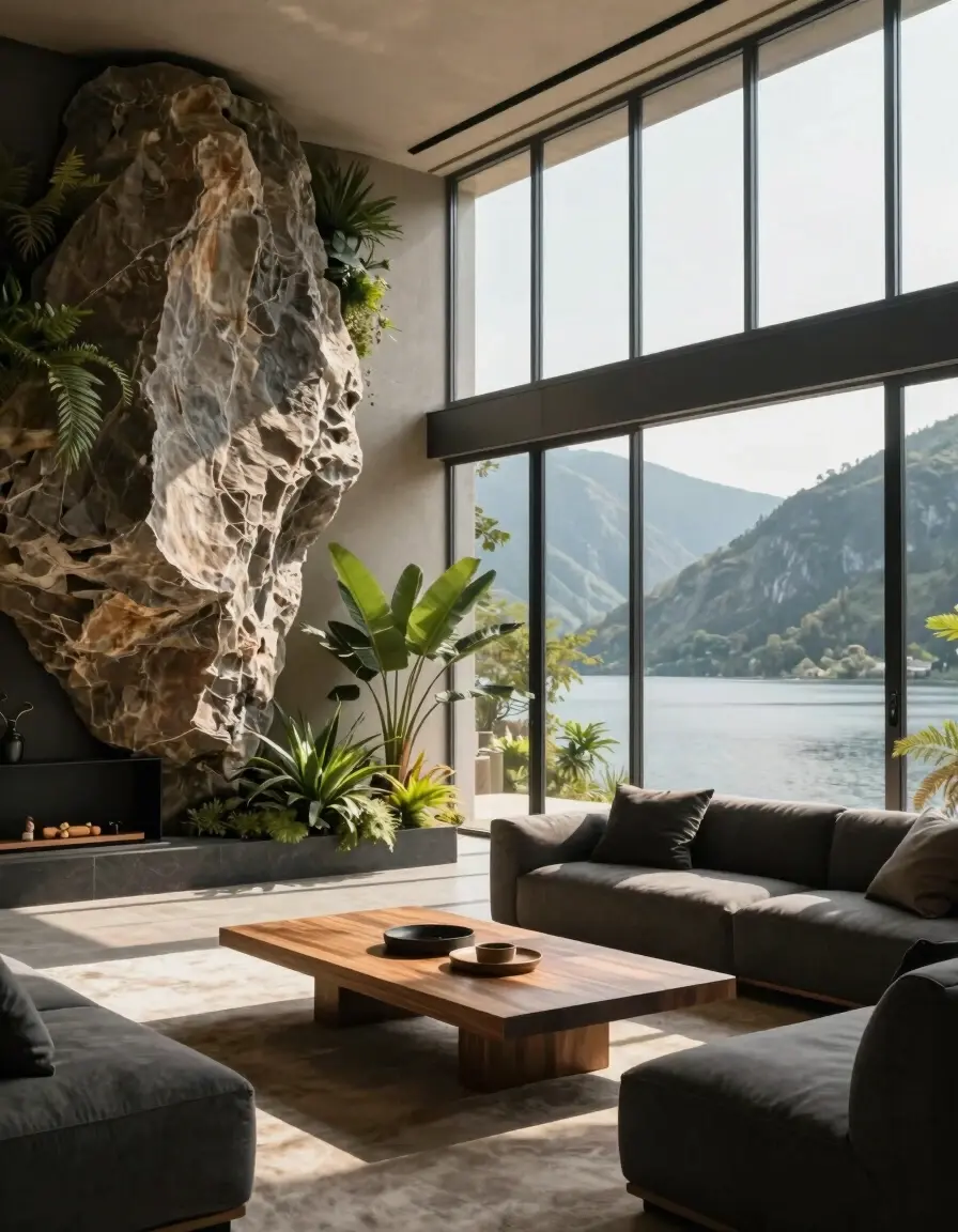 A modern living room with a large rock formation, greenery, and a wooden coffee table, surrounded by dark gray couches and large windows.