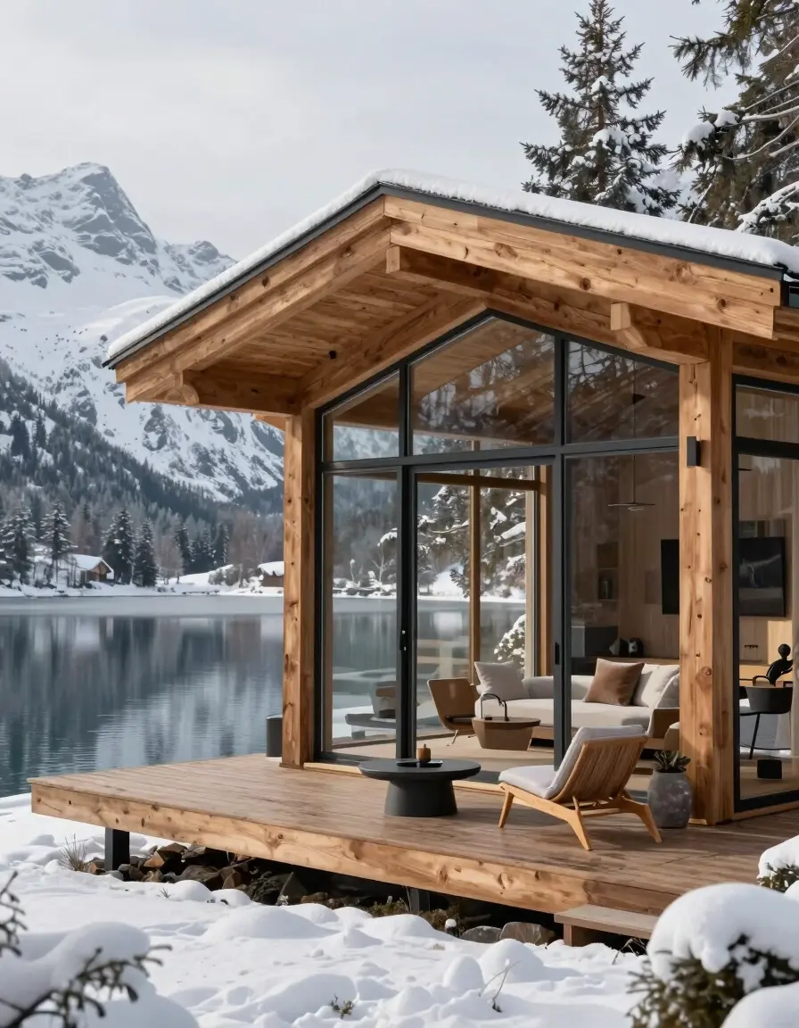 A modern cabin with large glass windows and a wooden deck overlooking a snowy lake, surrounded by snow-covered trees and mountains.